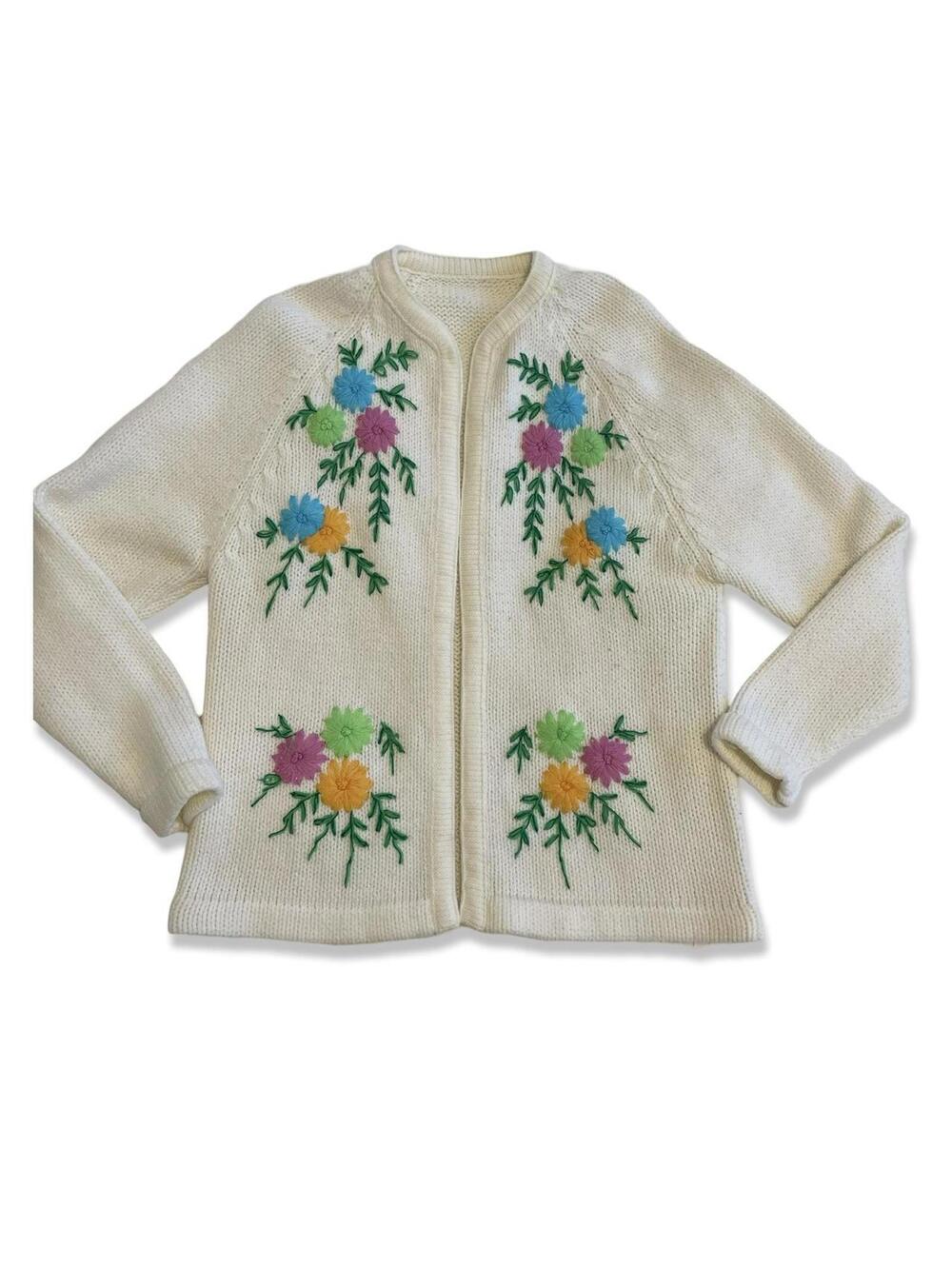 Vintage Hand Made Knit Wool Sweater with Pastel Flowers 1970s Made in Canada